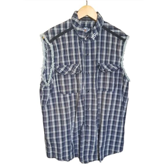 Harley-Davidson Mens Plaid Sleeveless Snap Front Fringe Detail Shirt Size XL